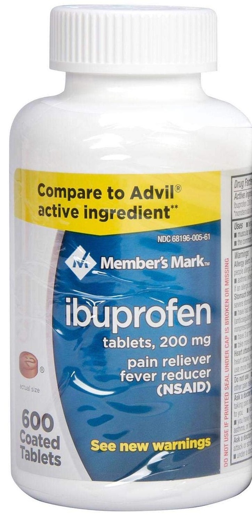 חברים מארק Ibuprofen Coated טבליות 200 מ"ג כאב Reliever Fever להפחית, 1 בקבוק, 600 טבליות
