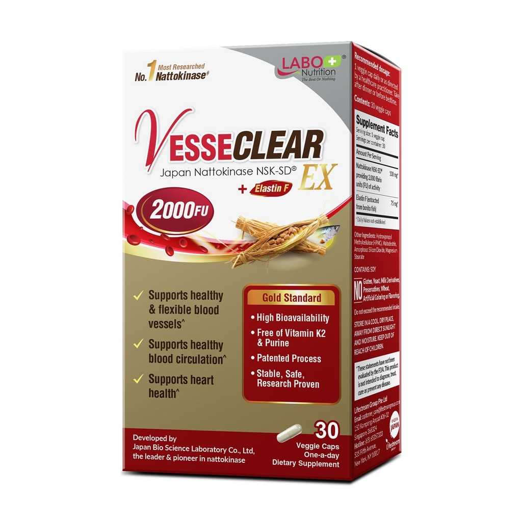 LABO Nutrition VesseCLEAR EX: Nattokinase NSK-SD+Elastin F for Clean & Flex Blood Vessel. Japan's Most Research Proven, Functional Dose, Acid-Resistant/Delayed Release קפסולות