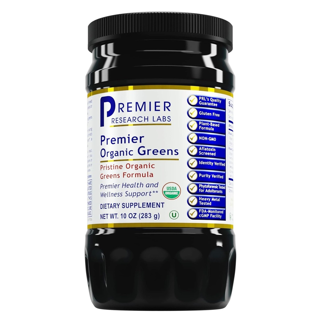 Premier Research Labs Premier Labs Organic Greens - Super Greens אבקת סופר מזון ירוק עבור משקאות, מיץ ירוק, תמיכה תזונתית, Supergreens for Men & Women, Spinach, alphalfa, Chlorella - 10 oz