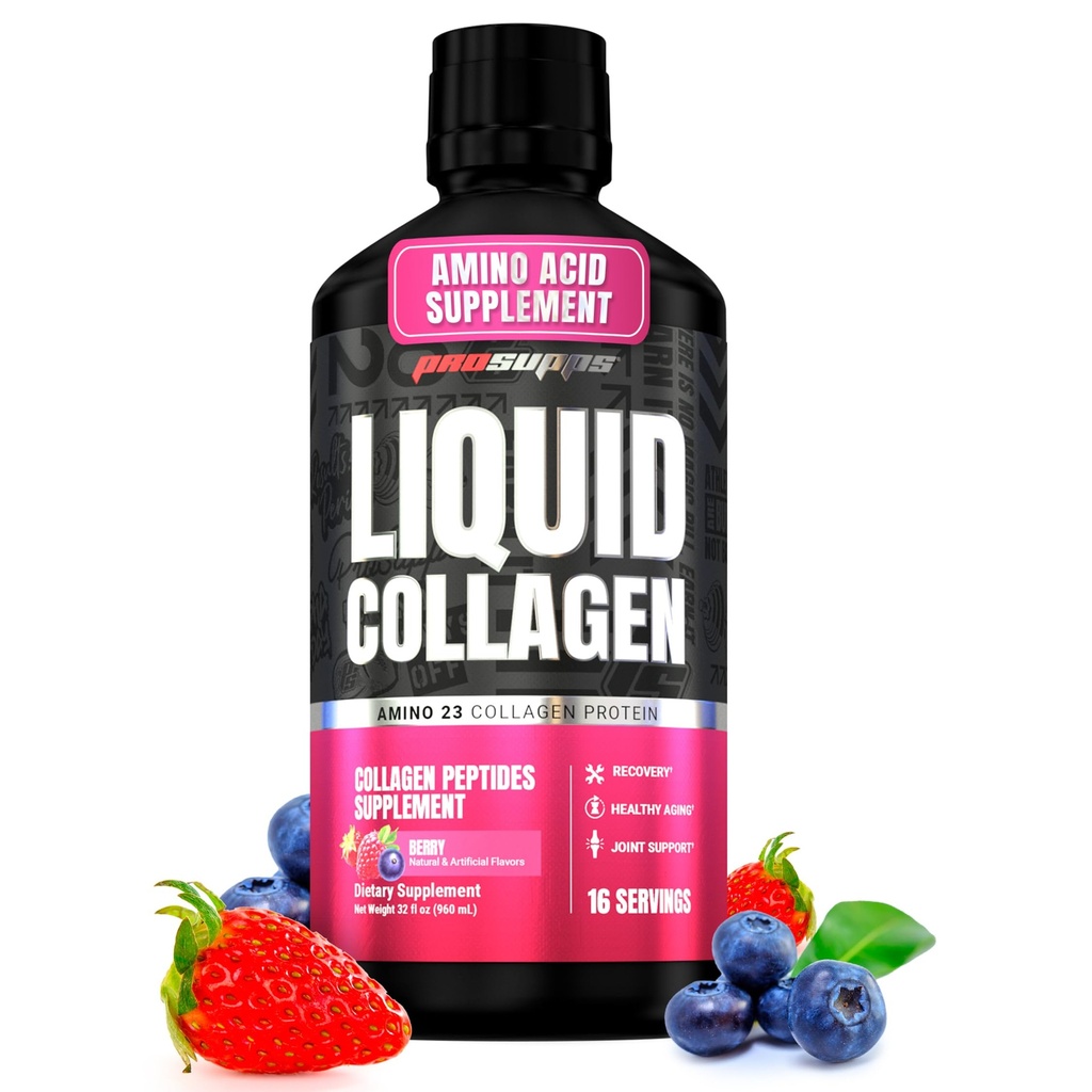 ProSUPPS Amino23 נוזל קולג'ן יורה, ברי - Collagen Peptide Post Workout תוספת תמיכה בריאה Aging, Joints, Skin & Hair - Gluten-Free & Zero Sugar - 16 משרתים