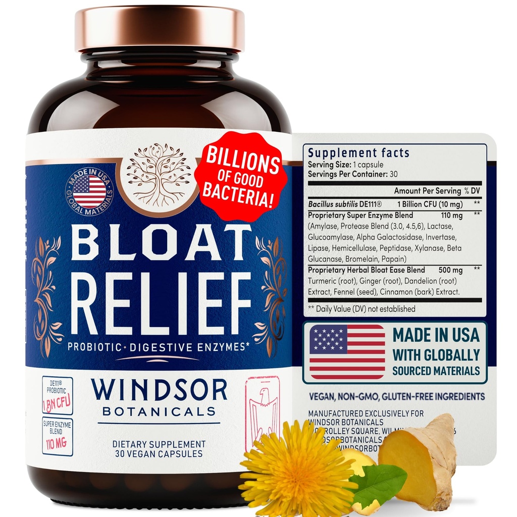 Bloat Relief Probiotic and Digestive Enzymes - Anti Bloating Turmeric, Fennel, Bromelain IBS תוסף - Detox Debloat כמוסות גז - חוסכת לנשים וגברים - 30 גלולות בריאות Gut
