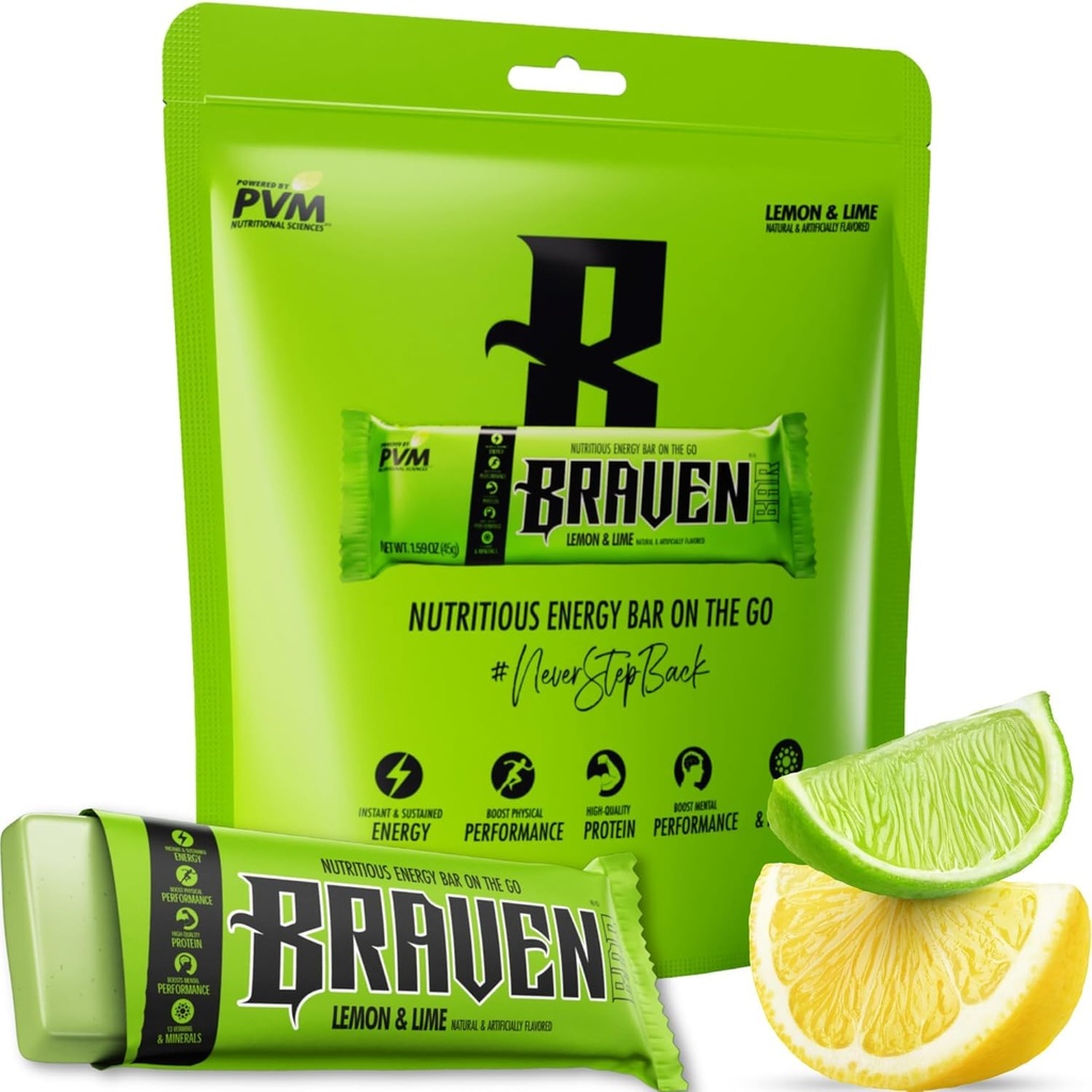 Braven Bar Lemon Lime Energy Bars (1.59 oz, Pack של 10) - אנרגיה צ'יפס עם חלבון 5g - על-ה-Go Energy חטיפים עבור ריצה, Hiking, וספורט - גלטן חינם חטיפים עבור אנרגיה סוסטידית Boost