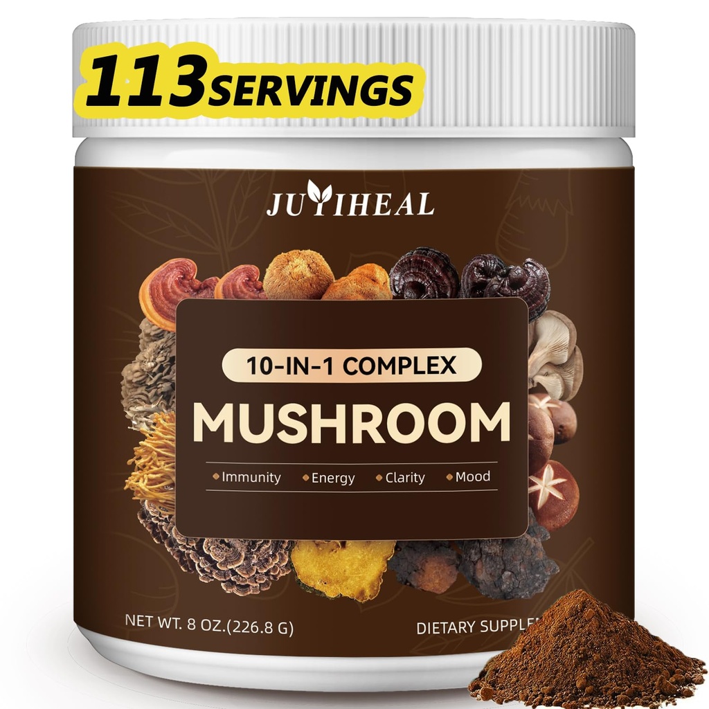אבקת 10in-1 Mushroom, Mushroom Complex - Lions Mane, Reishi, Shiitake, Chaga, טורקיה Tail, Cordyceps, Maitake & More, אבקת Mushroom עבור אנרגיה, זיכרון, Focus & Immune תמיכה 8oz