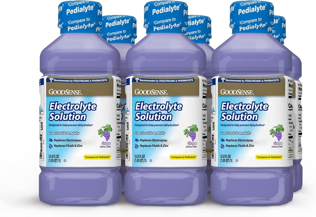 GoodSense Grape Electrolyte Solution - Replaces אלקטרוליטים, Fluids & Zinc for Kids & Adults, hydrotion Drink for Dehydration, 33.8 Fluid Ounces (Pack of 6)