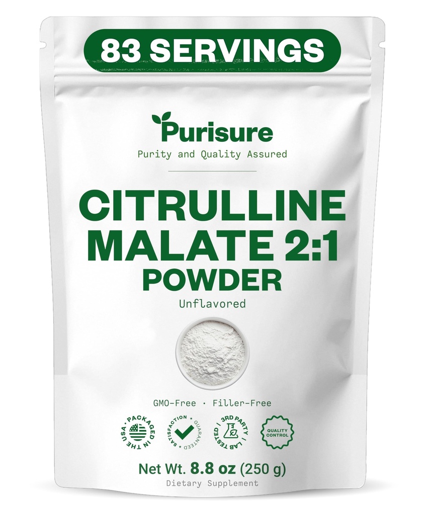 Purisure L-Citrulline אבקת 250g, Premium Citrulline 2:1 תוספת Malate עבור כוח ביצועים ואנרגיה, טרום-Workout Citrulline Malate אבקה - שיפור משאבות שרירים ושיקום - 83 משרתים