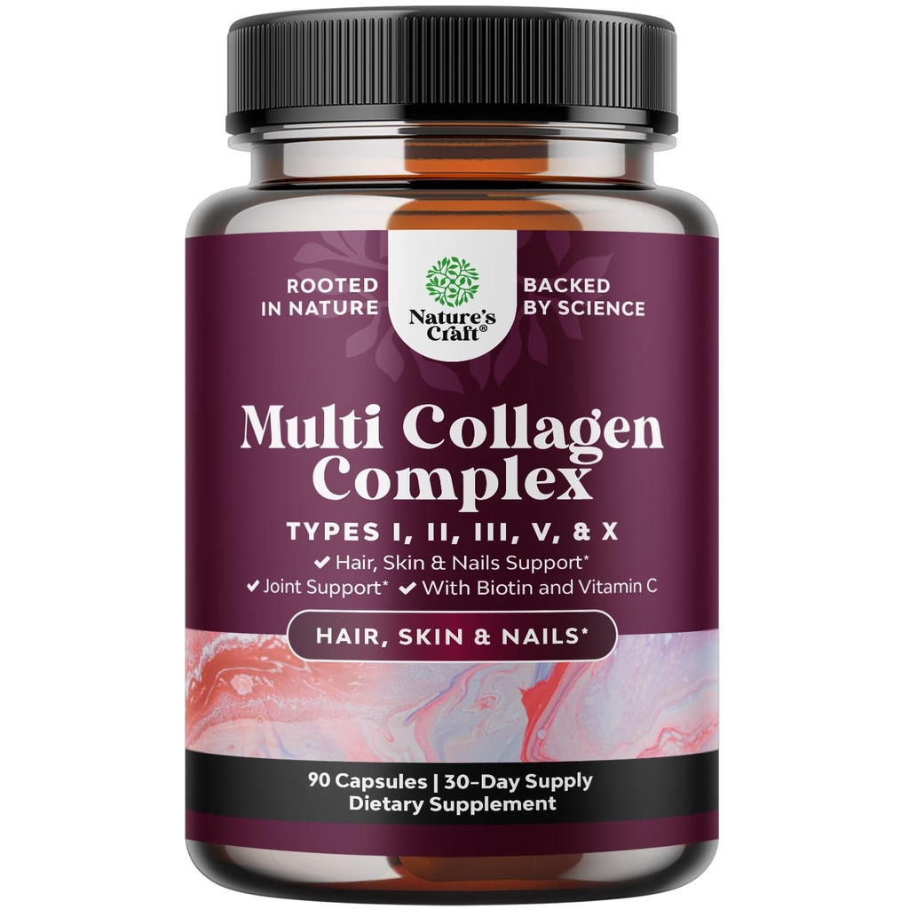 תרכובת Multi Collagen Complex - Ageless Multi Collagen Peptides תוספת עם סוג 1 2 3 5 & X & Biotin לשיער, עור וציפורים ויטמינים - תוספי ביוטין לנשים וגברים - Count 90