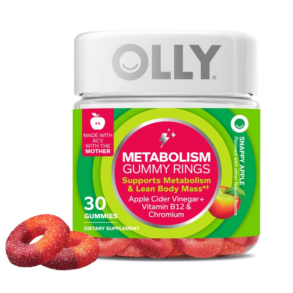 OLLY Metabolism Gummy טבעות, Apple Cider Vinegar, ויטמין B12, Chromium, Energy and Digestive Health, Chewable Supplement, Apple Flavor - 30 Count Count