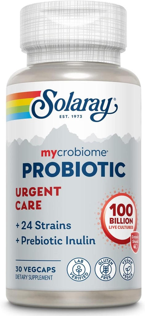 SOLAרי Mycrobiome Probiotic Urgent Care | פורמולה כדי לתמוך בבריאות העיכול, Immune Function & More | 100 מיליארד CFU | 30 VegCaps