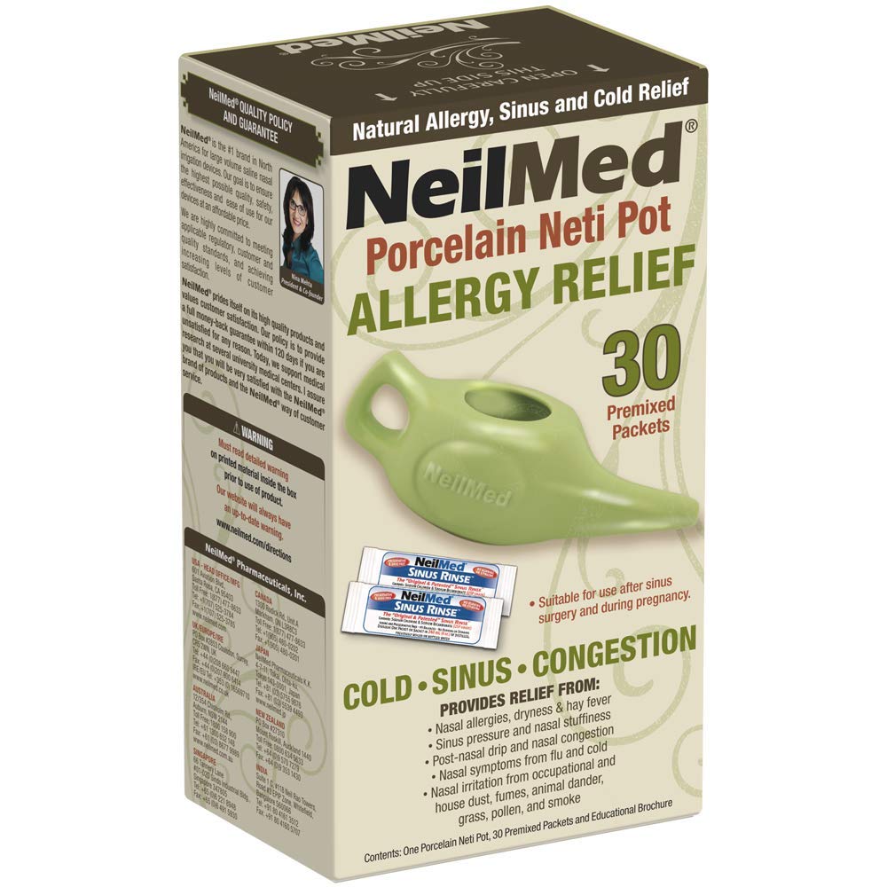 NeilMed Classic Porcelain Neti Pot ירוק עם 30 חבילות מוקדמות