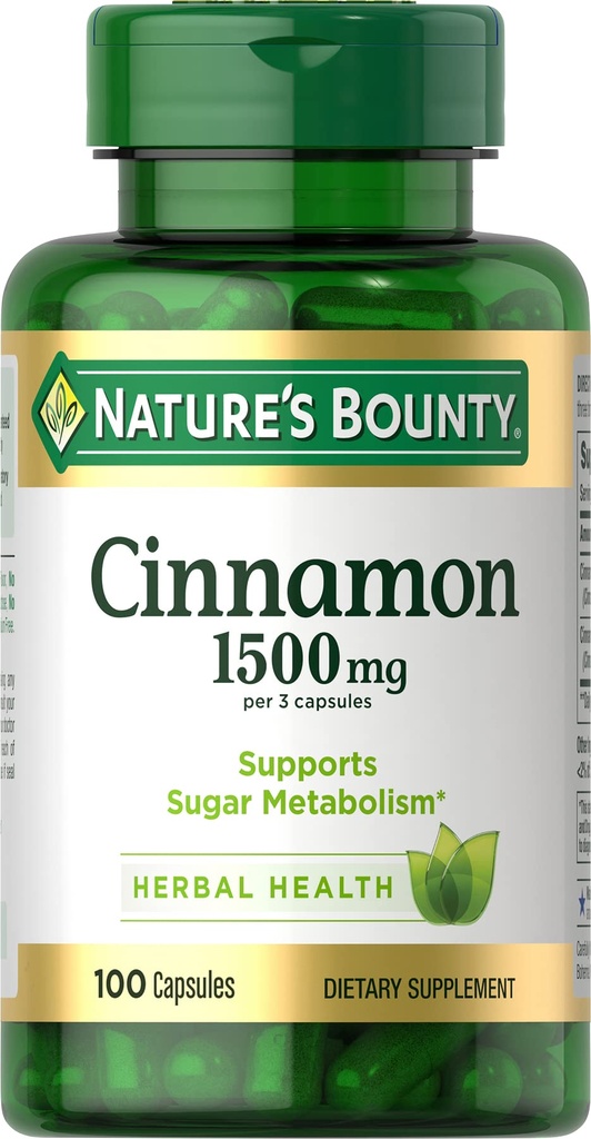 הקפסולות של Nature's Bounty Cinnamon, Herbal Supplement, Supports Sugar Metabolism, 1500 מ"ג, 100 כמוסות