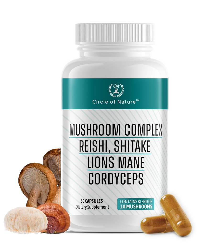 Brain Booster Mushroom Complex Supplement, Natural Mood Uplifter עם 10 פונקציונלי Mushrooms, Lions Mane, Reishi, Cordyceps ו 7 יותר בקפסולות 1330 מ"ג מיוצר בארה"ב, 60 קפסולות