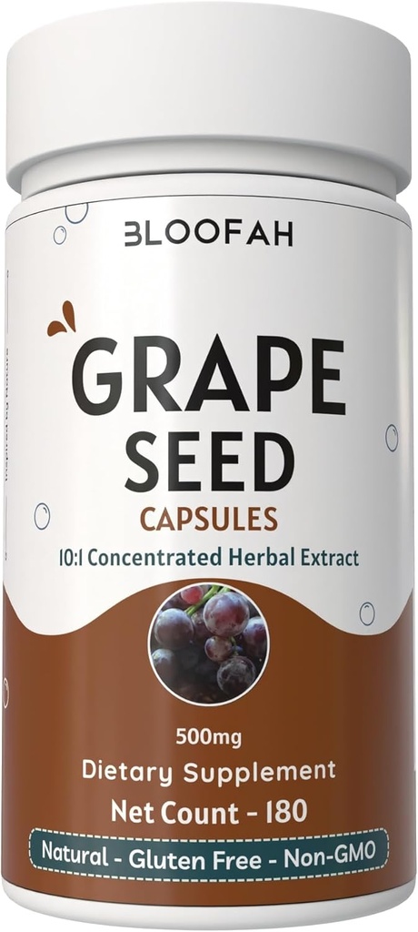 Grape Seed כמוסות 500 מ"ג | Vitis vinifera ריכוז 10:1 אבקת חילוף טבעי, תוסף צמחי טבעי, non-GMO, Gluten-Free Formula (180 Count)