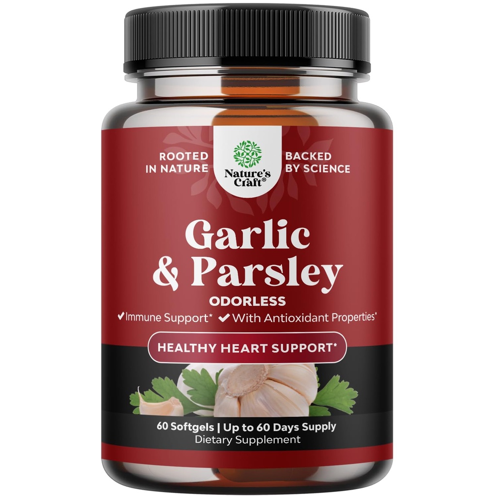 Excentrated Odorless Garlic Softgels - Parsley Extract & Age Garlic תוספי בריאות Circulatory, Digest, Immune Support & Liver Detox - Parsley Softgels for Gut Support - 60 Ct