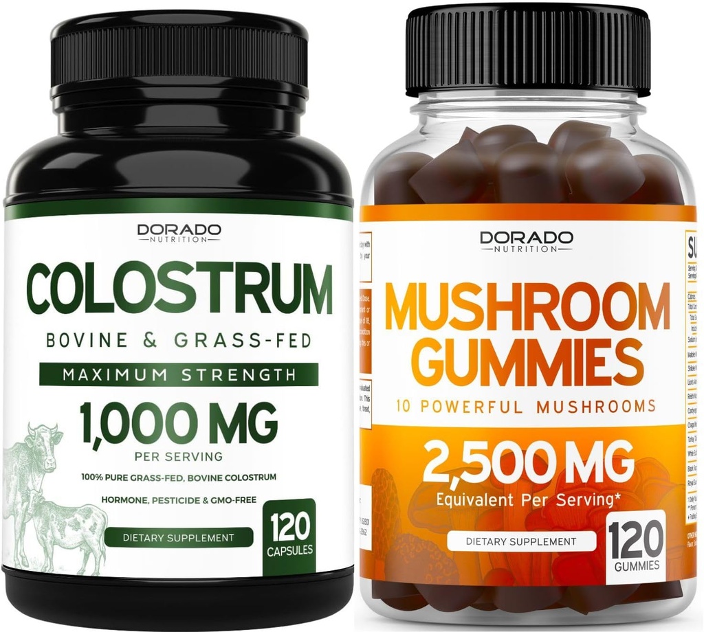 DORADO NUTRITION Colostrum תוסף 1000mg Per Serve ו Mushroommies (120 Count) תוסף Mushroom