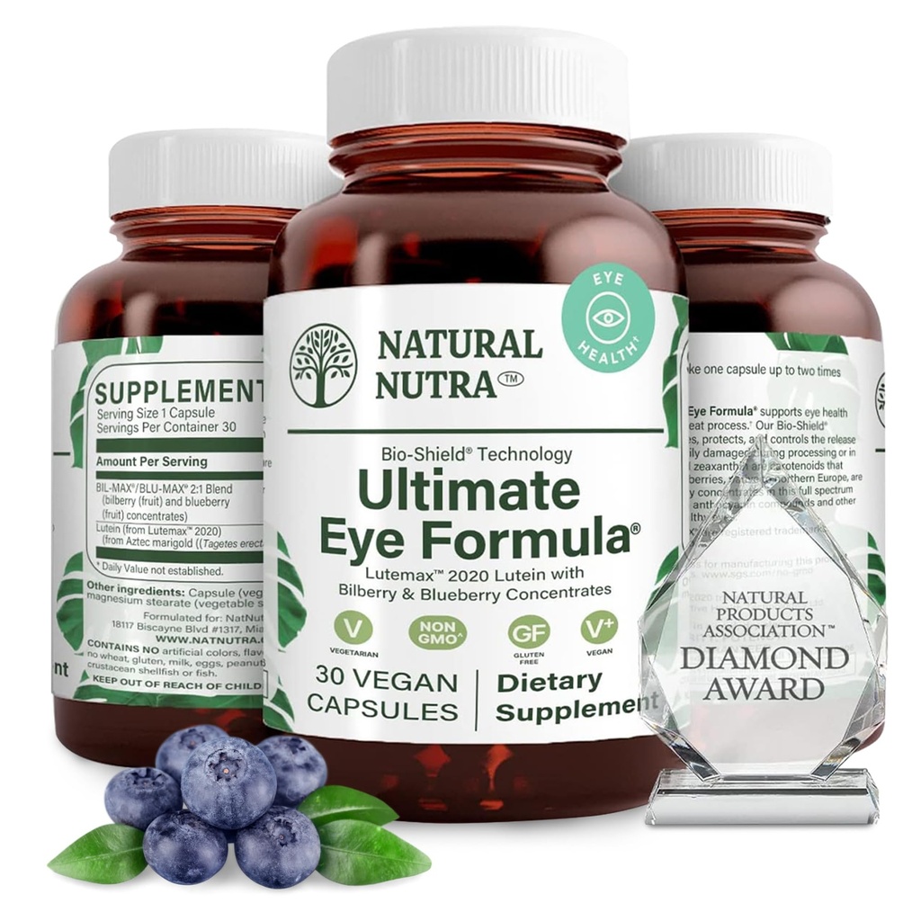 טבעי Nutra Ultimate Eye Health תוסף - Bilberry & Blueberry Extraction for Day and Night Vision Support, מקדם צבע Perception & Eye Clarity - Non-GMO, Gluten-Free, טבעוני - 30 קפסולות