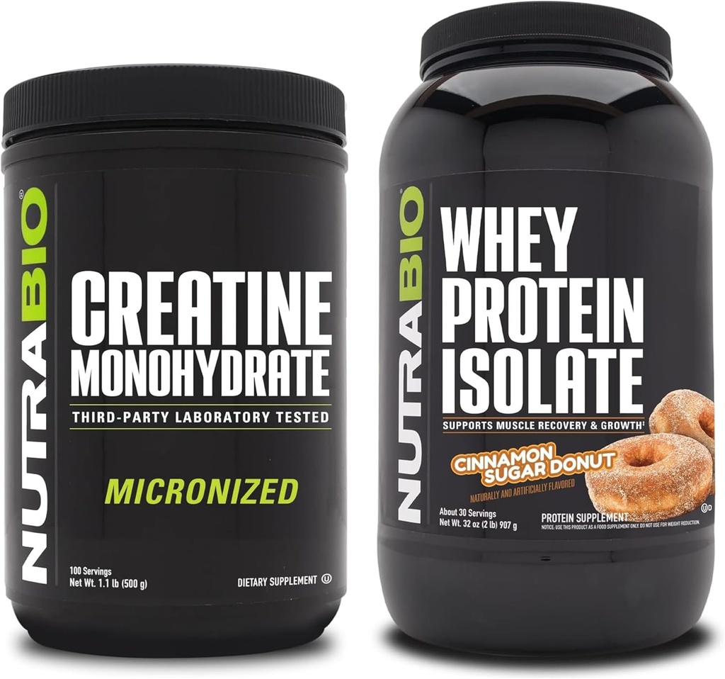 NutraBio Creatine Monohydrate, Unflavored, 500g ו Whey חלבון Isolate, Cinnamon Sugar Donut, Bundle - שריר אנרגיה, צמיחה, התאוששות וכוח