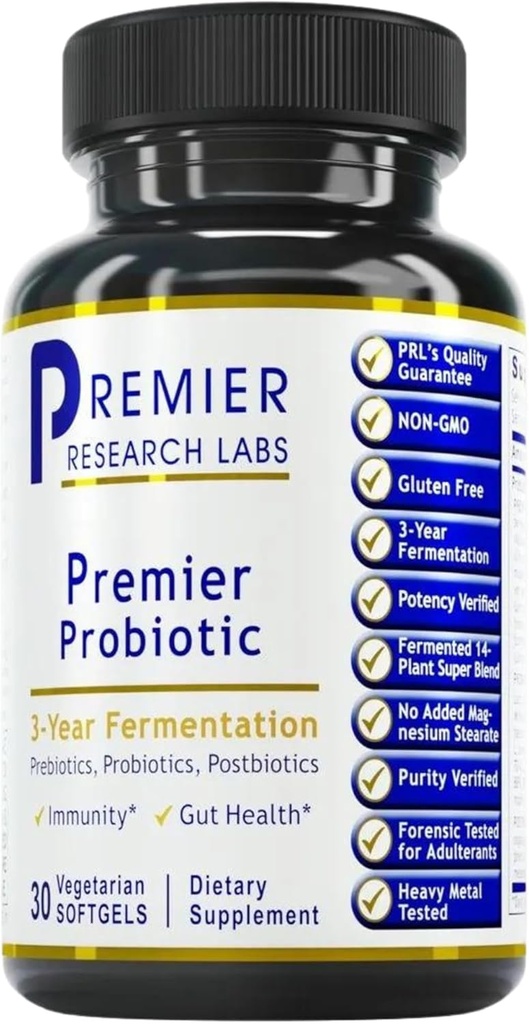 Premier Research Labs Premier פרוביוטיקה - Pre Pro Post Biotics for Women & Men, Quad Biotic, Quad Biotic, Quadbiotics, Prebiotics, Probiotics, Postbiotics & Phytobiotics - 30 קפסולות רכות צמחוניות