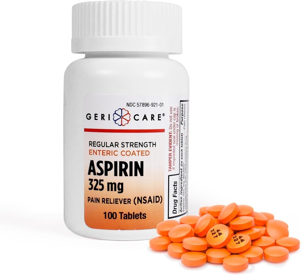 טבליות Aspirin Enteric Coated Aspirin 325mg (100 Count) על ידי GeriCare-NSAID Pain Reliever & Fever להפחית Coated Aspirin למבוגרים - כוח רגיל Aspirin עבור כאבי ראש דלקת פרקים