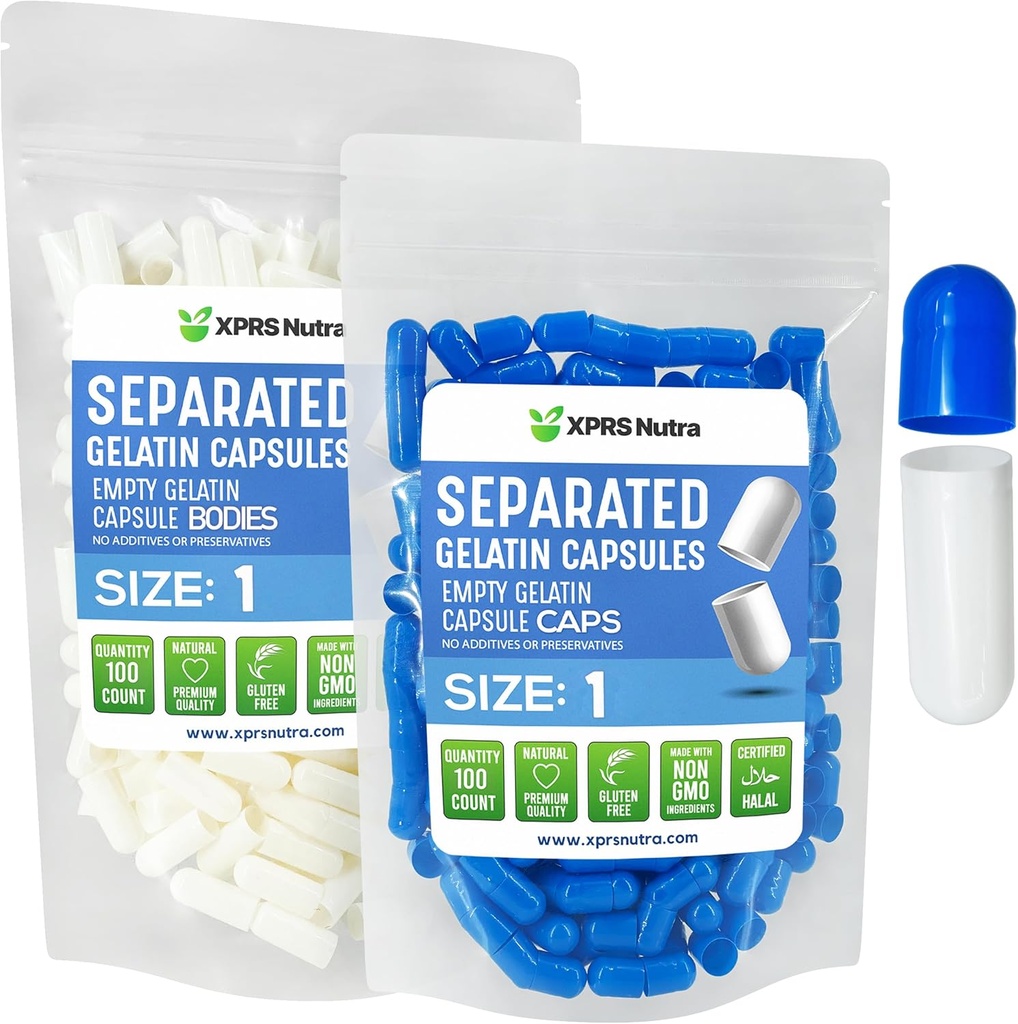 XPRS Nutra Size 1 Gelatin בנפרד קפסולות - 100 ספירת גלולות ריקות בנפרד ב Bags - גלולות ריקות עבור תוסף DIY (כחול / לבן)