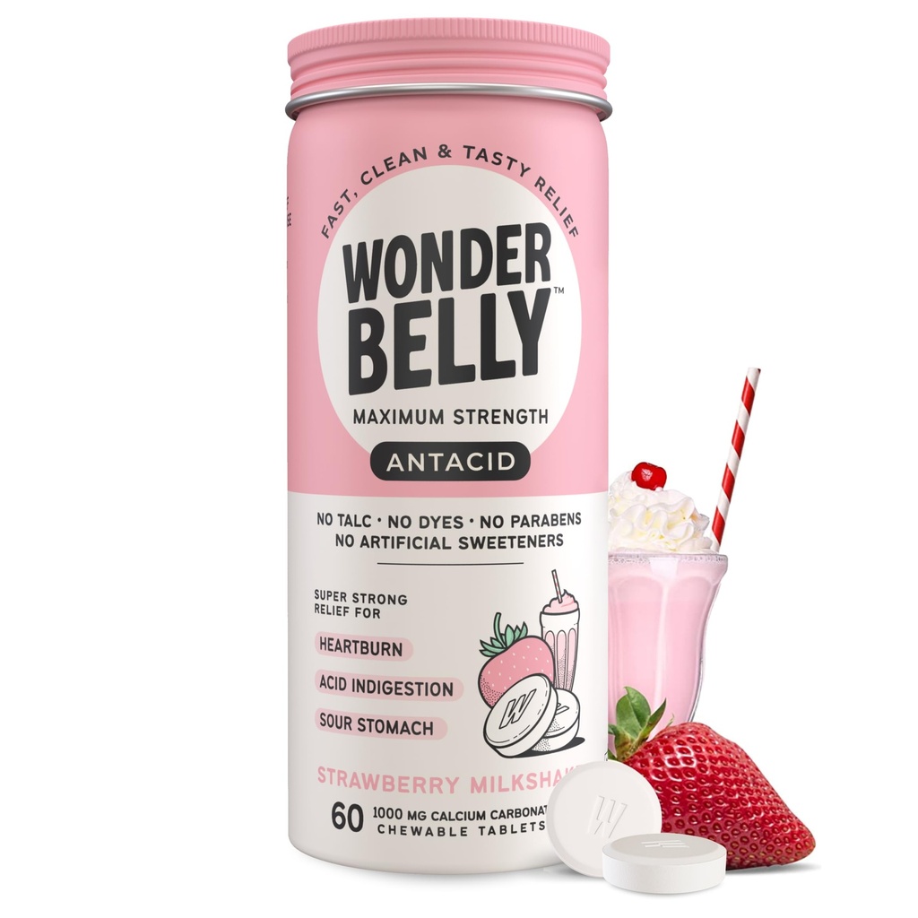 Wonderbelly Antacid, לבבורן יעיל ו מיידית Acid Indigestion הקלה, טבליות תוספת כוח Chewable, 1000 מ"ג Calcium Carbonate, No Talc או Dye, Strawberry Milkshake, 60 הרוזן