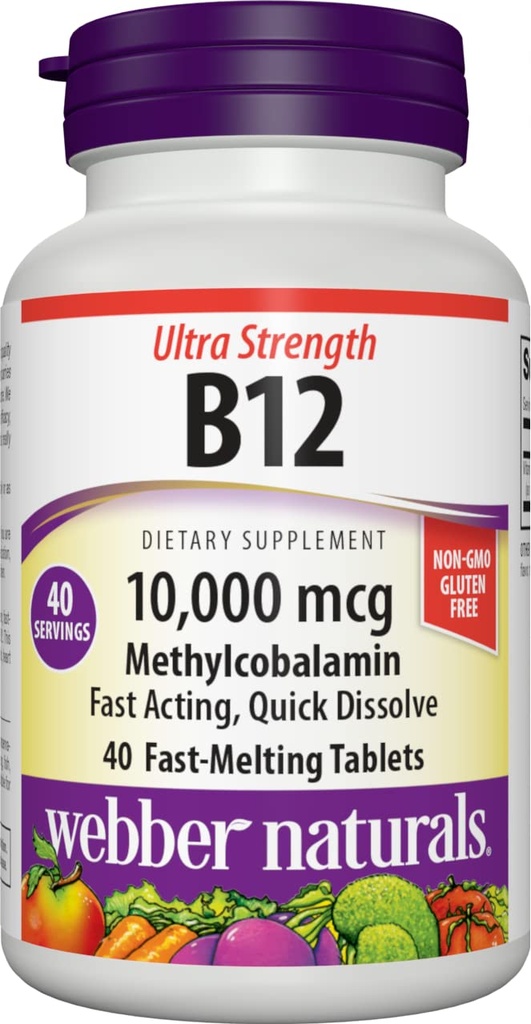 Webber Naturals ויטמין B12 10,000 מ"ג, כוח אולטרה סגול, 40 הרוזן, טבליות דיסלוט מהיר, ויטמין תוספת תמיכה עבור אנרגיה Metabolism, Immune ובריאות הלב, פורמולה טבעונית