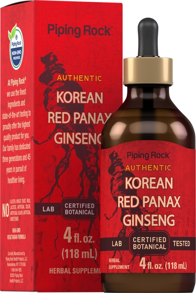 Piping Rock Korean Red גינזנג נוזל לחלץ | 4 Fl Oz | פלט שורש Panax | אלכוהול חינם Tincture | Vegetarian, non-GMO, Gluten Free Supplement