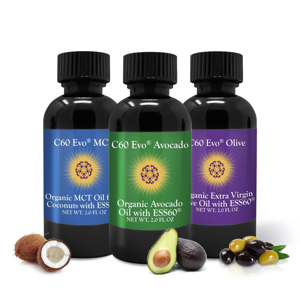 C60 Evo All-Natural Edible Oils, Mini Oil Sampler Set with Pure C60 ESS60, Immune Support and Joint Support with Olive Oil, Avocado Oil & MCT קוקוס שמן, סט של 3, 2 oz
