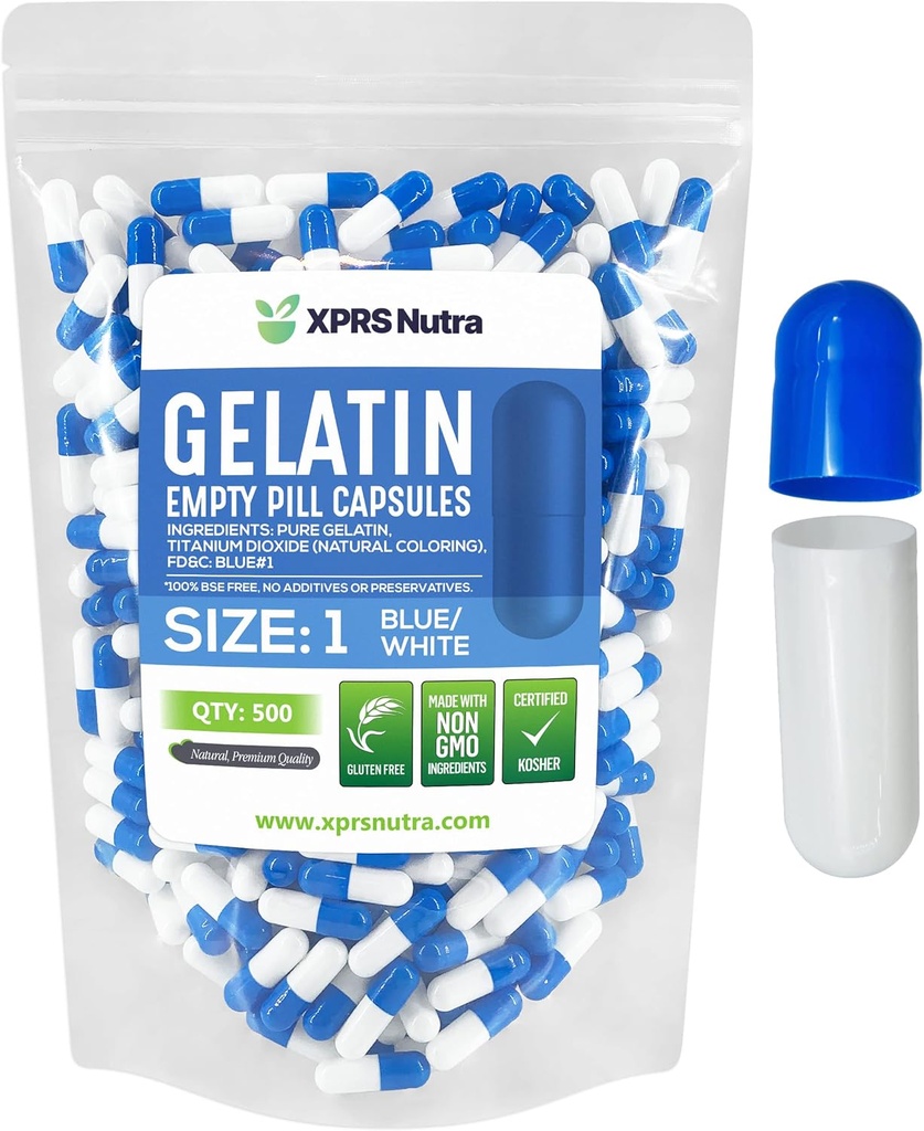XPRS Nutra Size 1 קפסולות ריקות - 500 ספירה ריקה Gelatin קפסולות - גלולת גלולת גלולות טהור לגל Caps for Do-It-Yourself תוספים (כחול / לבן)