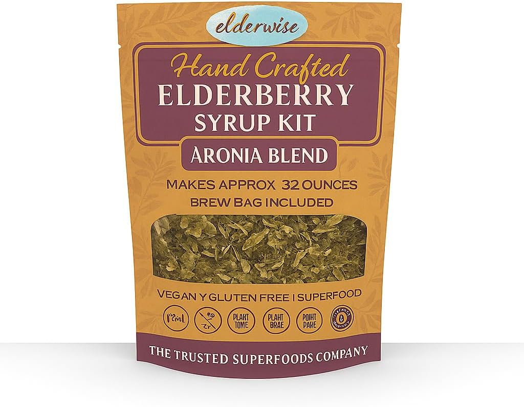 Elderwise Elderberry Aronia Berry Syrup Kit - Elderberries, Aronia Berries, Rosehips, ג'ינג'ר, Echinacea, Cinnamon ו Cloves, Makes 32oz של Syrup, ברולינג Bag Includeded