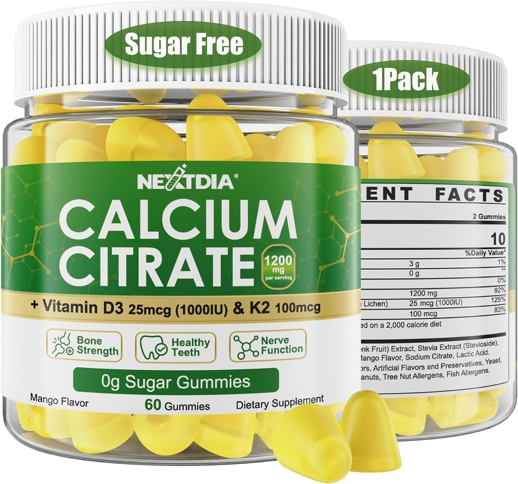 Calcium Citrate Gummies 1200 מ"ג עם ויטמין D3 K2, תוספי CAwable Calcium עבור נשים וגברים, תמיכה בפוטנטיות גבוהה B0ne, Te *th, כוח ובריאות החיסון, מנגו פלפור, non-GMO, סוכר חינם, 60 Cts