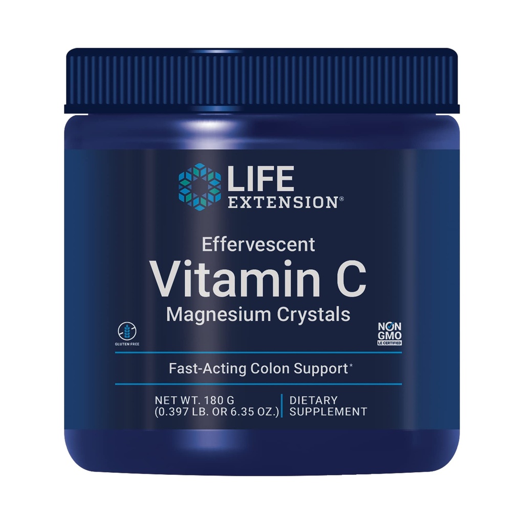 Life Extension Effervescent ויטמין C Magnesium Crystals, הקלה מיידית מ- Occasional Constipation, Gluten-Free, non-GMO, Vegetarian, Net Wt. 180 גרמים