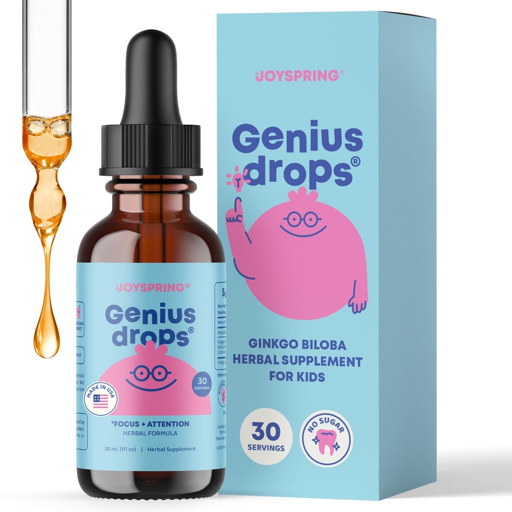 JoySpring Genius Drops for Kids; Clinically Proven Focus תוסף להורדה נוזלי צמחי מרפא עם ג'ינקגו בילובה לילדים (1 fl oz) 30 משרתים