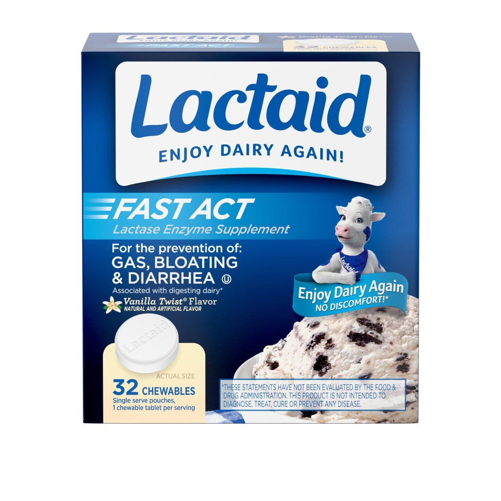 Lactaid Fast Act Lactose Intolerance הקלה צ'ואנס עם טבעי Lactase Enzyme כדי למנוע גז, Bloating & Diarrhea בשל Lactose Sרגישות, על- The-Go, Vanilla Twist Flavor, 32 x 1 ct 1 ct