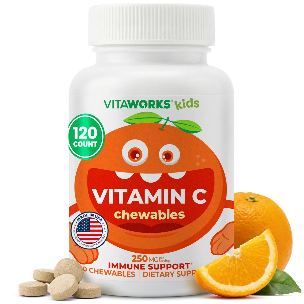 ילדים ויטמין C Chewable Tablet 250 מ"ג - טבעוני, GMO-חינם, גלוטן חינם, Nut חינם ויטמינים - תוספת תזונתית לתמיכה בחיסון - עבור ילדים - 120 צ'כוסים