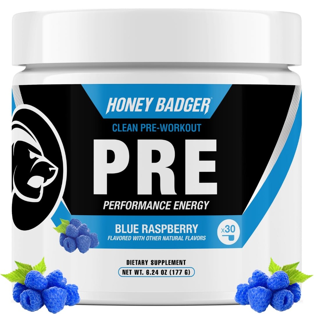 Honey Badger טרום עבודה אבקה, Keto Vegan Preworkout עבור גברים ונשים, Beta Alanine & Caffeine, סוכר חינם אנרגיה טבעית תוספת, Blue Raspberry, 30 לשרתים