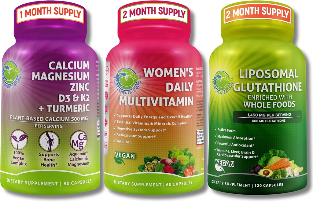 Women's Multivitamin, Calcium & Liposomal Glutathione tri - Plant- Based Calcium, Magnesium, Zinc, D3, K2 & Turmeric + Women's Daily Multivitamin עם Iron + Liposomal Glutathione 500 מ"ג