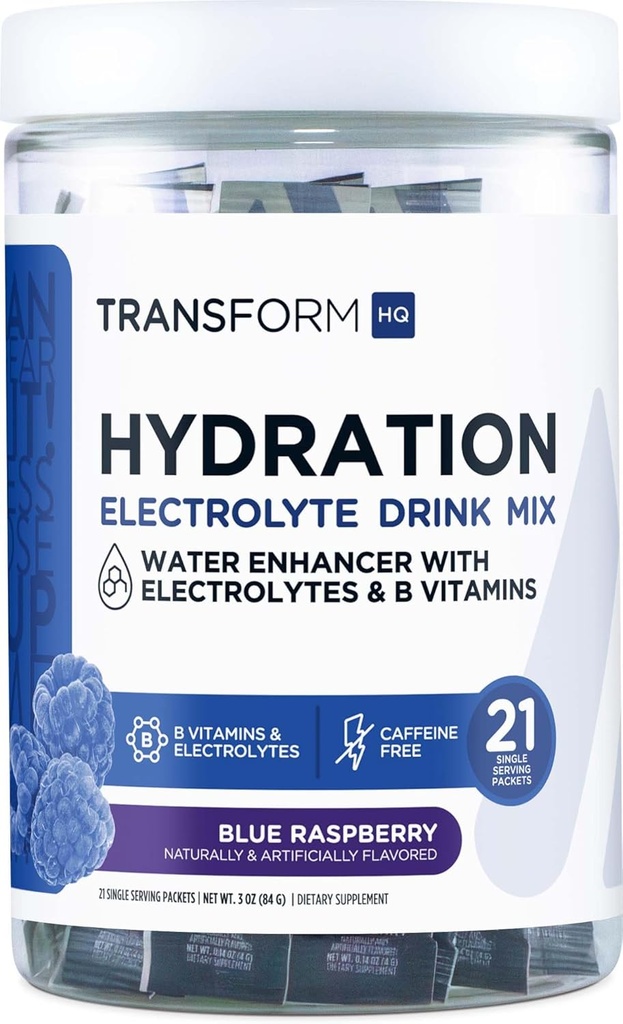 TransformHQ hydrotion Drink (21 Single- Serveing Packets, Blue Raspberry) - תערובת תוספי הנקה עם ויטמינים ואלקטרוליטים