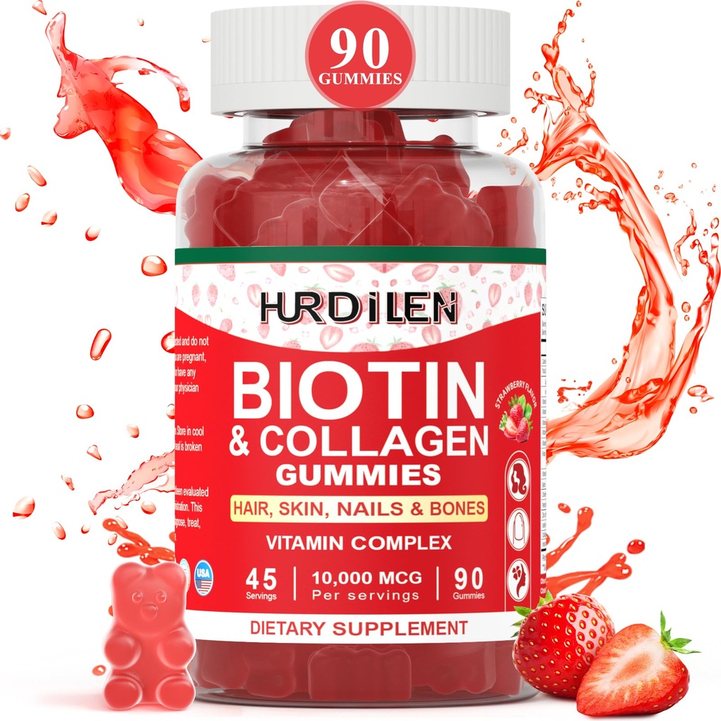שיער עור וציפורים מסטיקנים, 10000mcg Biotin Collagenmies לנשים וגברים, ויטמינים תוספי תמיכה צמיחה מהירה יותר שיער, ציפורניים חזקות יותר, עור בריא, עצם, 90 מסטיקנים