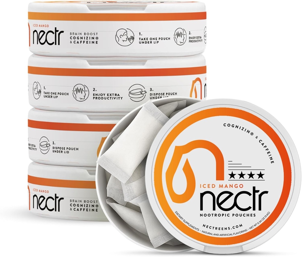 Nectr Energy Nootropic Pouches - Iced מנגו פלמורד, Caffeine Pouches עם Cognizin® Citicoline. טיפול במוח ללא סוכר Smooth, Sustained Focus & אנרגיה תוסף - 5 Pucks של 16pcs
