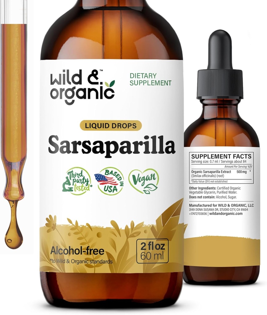 Wild & Organic Sarsaparilla Root Drops - Detox Cleanse Drops - Sarsaparilla אבקת מבוסס Tincture - טבעוני, סוכר ואלכוהול חינם נוזל תוספת - 2 fl oz