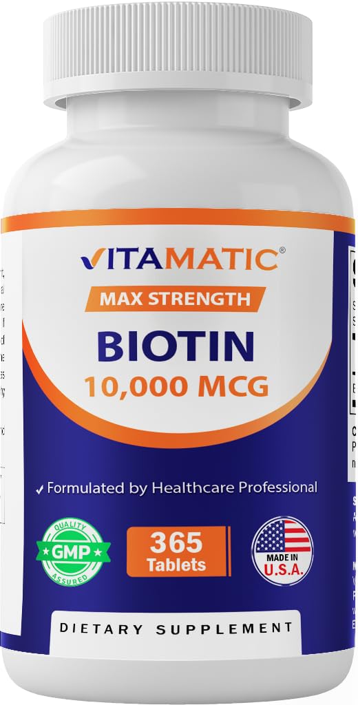 Vitamatic Biotin 10,000 mcg (10 מ"ג) לשיער חזק יותר, Skin & Nails - 365 Vegan Tablet - נקרא גם ויטמין B7