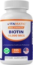 Vitamatic Biotin 10,000 mcg (10 מ"ג) לשיער חזק יותר, Skin & Nails - 365 Vegan Tablet - נקרא גם ויטמין B7