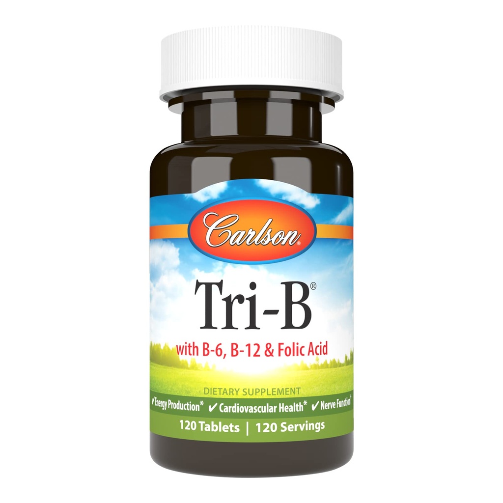 קרלסון - Tri-B, ויטמין B Complex, 25 מ"ג ויטמין B-6, 400 mcg ויטמין B-12, Folic Acid Energy Pills, קידום בריאות Cardiovascular, B Complex ויטמינים, B12 תוסף ויטמין B12, 120 טבליות