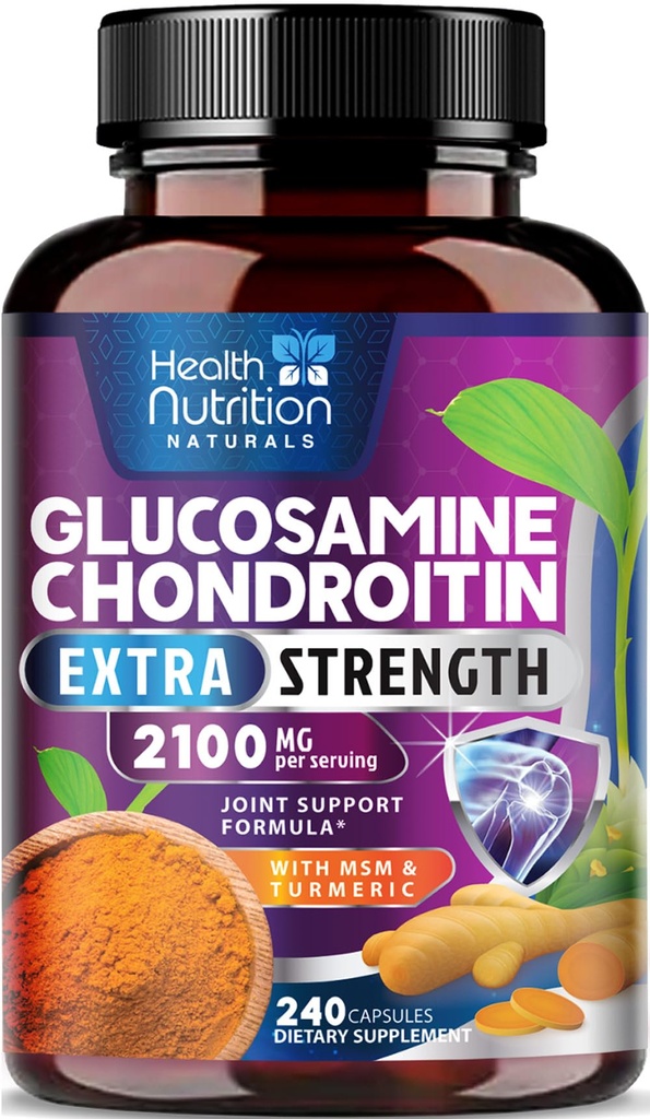Glucosamine Chondroitin 2100mg - 3X חיזוק תוספת תמיכה משותפת עם MSM, Glucosamine Sulfate, Turmeric, Boswellia, Quercetin for Cartilage, Flexibility & Mobility, בבקבוק בארה"ב, 240 קפסולות