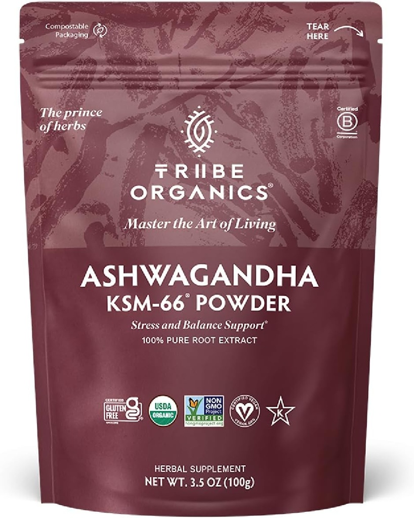 TRIBE ORGANICS KSM-66 Ashwagandha Root Extract אבקת Ayurvedic Herb עבור תמיכה Mood | הגדלת אנרגיה | כוח - אורגני | Natural | Gluten Free | Non GMO | Full-Spectrum - 100g Pouch