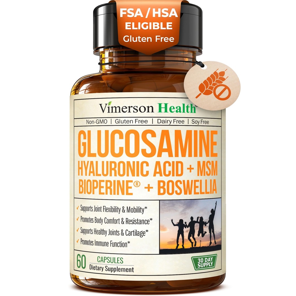 Glucosamine Sulfate עם Hyaluronic Acid, Boswellia, Black Pepper & MSM תוסף - 5-in-1 תוספים משותפים לגברים ונשים - בריאות משותפת, ניידות ועצמות העצם - FSA אליגible 60 Caps