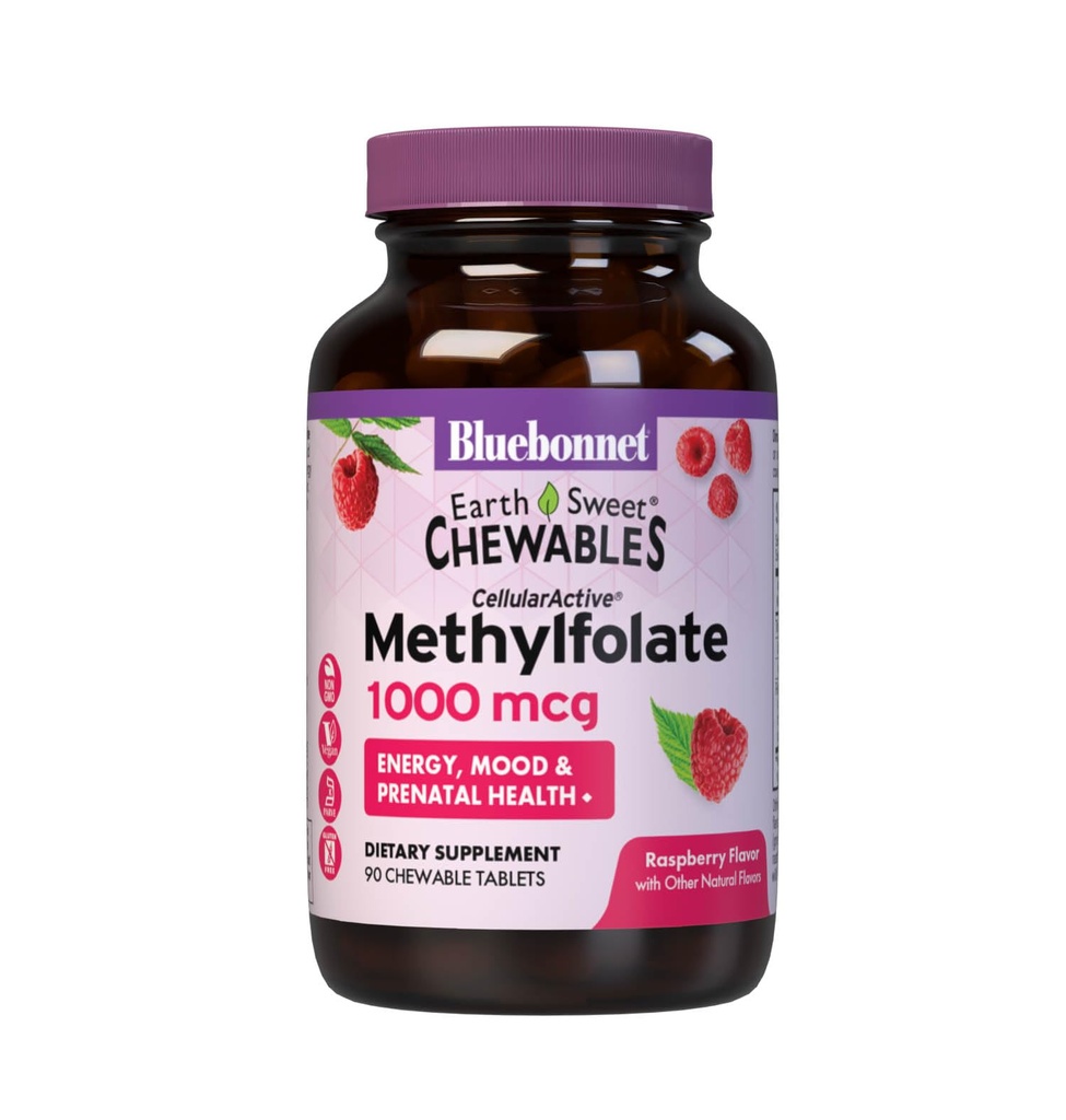 Bluebonnet Earth Sweet Methylfolate 1000 mcg cell Active Coenzyme 5-MTHF L Methyl Folate תוסף - Prenatal & אנרגיה תמיכה - Non-GMO, טבעוני, Gluten-Free - Raspberry - 90 טבליות Chewable טבליות