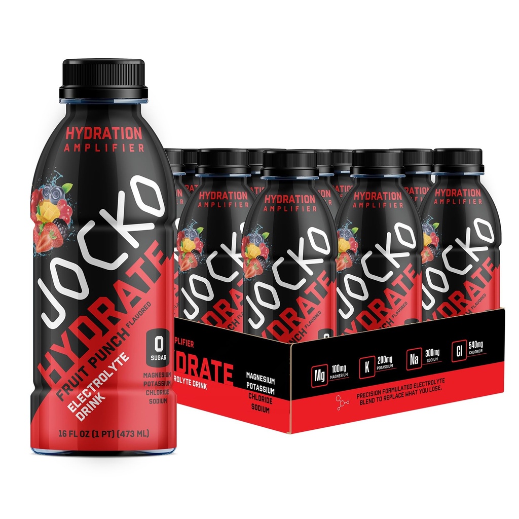 Jocko דלק hydrote אלקטרוליט משקאות - משקאות ספורט לחות Amplifier, Thirst Quencher - מבחינה מדעית פורמולה אלקטרוליטית תערובת פירות Punch Flavor 16 Oz (12 Pack)