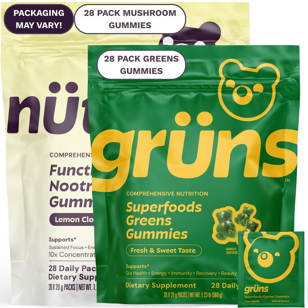 Gruns Superfood Green + New Nütrops Gummy Bundle, תוספי תזונה אורגנית 2 x 28 Pack: Multivitamin, prebiotics, הסתגלות + Nootropic Mushroom Herbal תוסף כדי לתמוך Mood, Focus, Gut, Gut, Gut, Gut.