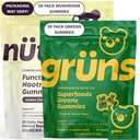 Gruns Superfood Green + New Nütrops Gummy Bundle, תוספי תזונה אורגנית 2 x 28 Pack: Multivitamin, prebiotics, הסתגלות + Nootropic Mushroom Herbal תוסף כדי לתמוך Mood, Focus, Gut, Gut, Gut, Gut.